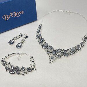 BriLove Wedding Jewelry Set Grey Crystal‎ Teardrop Silver-Tone Earrings Bracelet